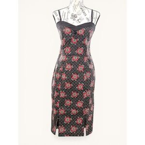 Sourpuss NWT Pin Up Wiggle Dress L Black Polka Dot Rockabilly Pinup Floral Goth